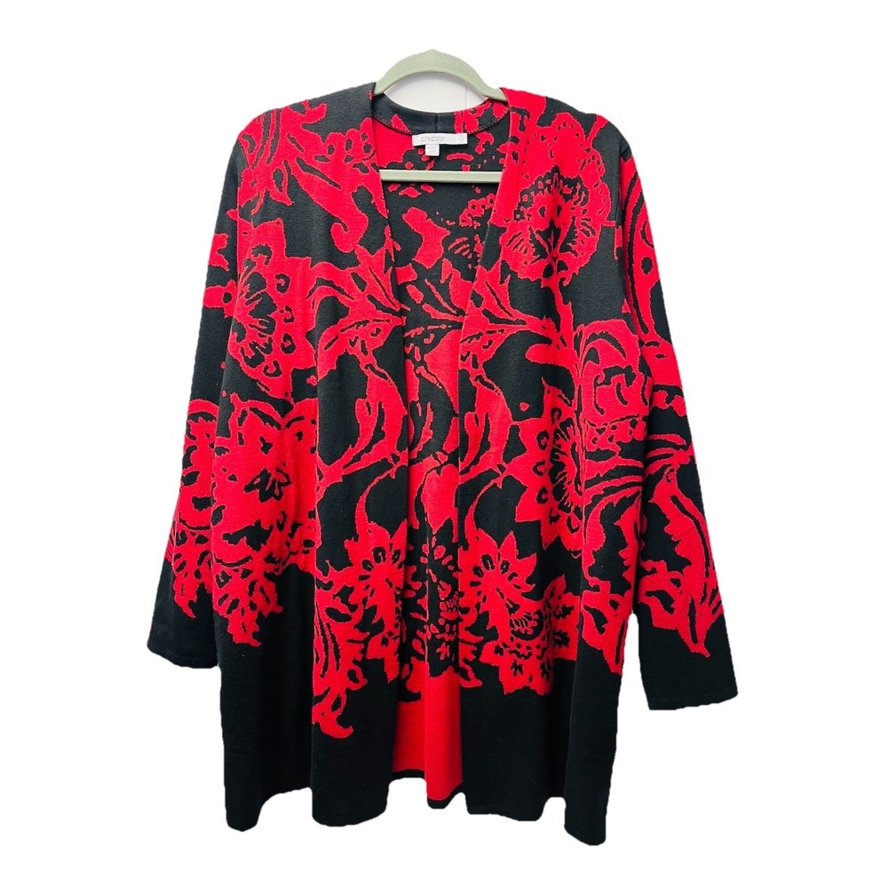 Chico's 3 Red Black Jacquard Veera Knit Cardigan Boho Holiday Travel Cruise 90s
